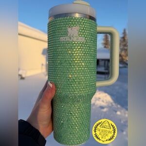 Glass rhinestone bedazzled authentic 40oz Stanley Quencher 2.0 in Seafoam.
